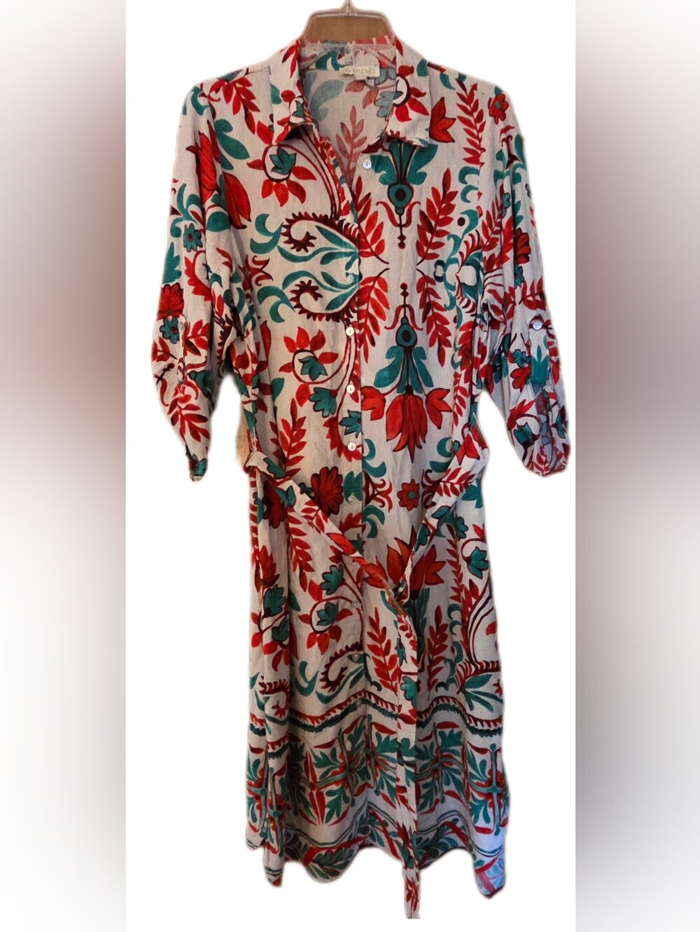 Fig + Flower Anthropology Teal Red Floral Boho Midi Shirt Dress Plus Size 1X